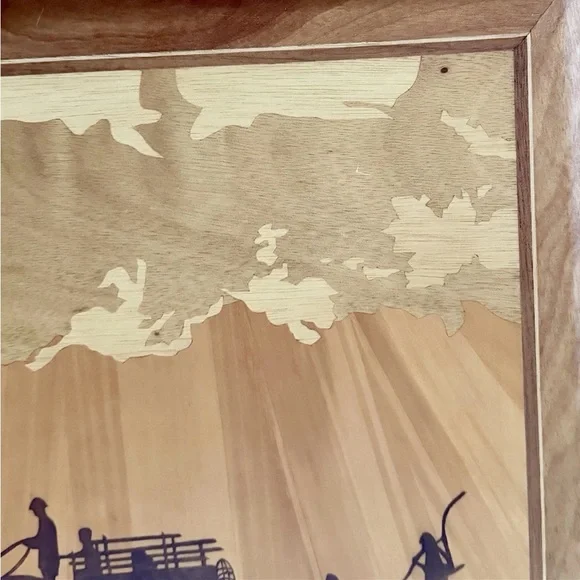 Vintage Marquetry Wood Inlay Picture Farm Folk Art Family Wall Hanging EUC - Picture 4 of 5
